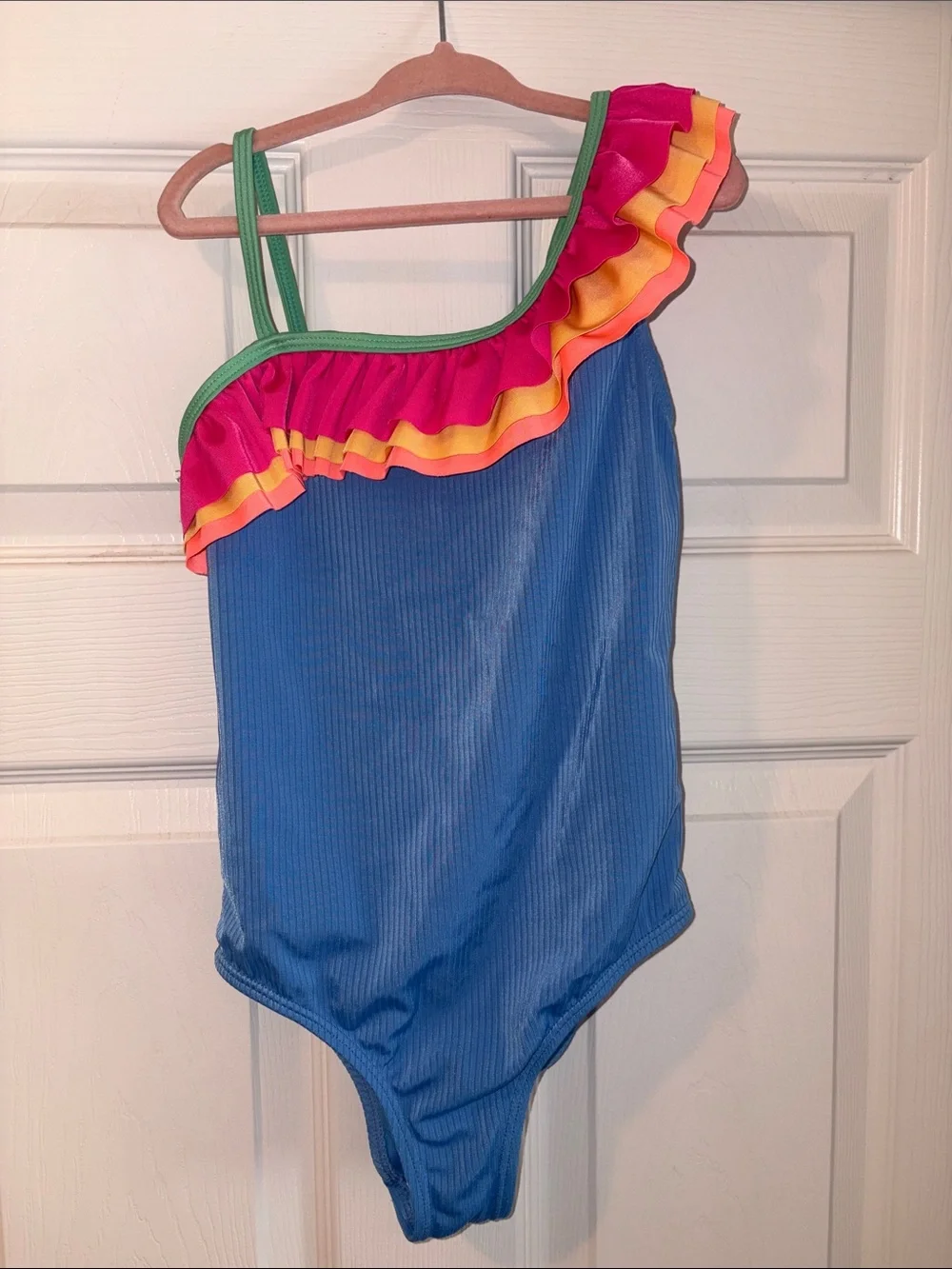 wonder nation Blue One-Shoulder Swimsuit with Pink, Yellow & Green Trim